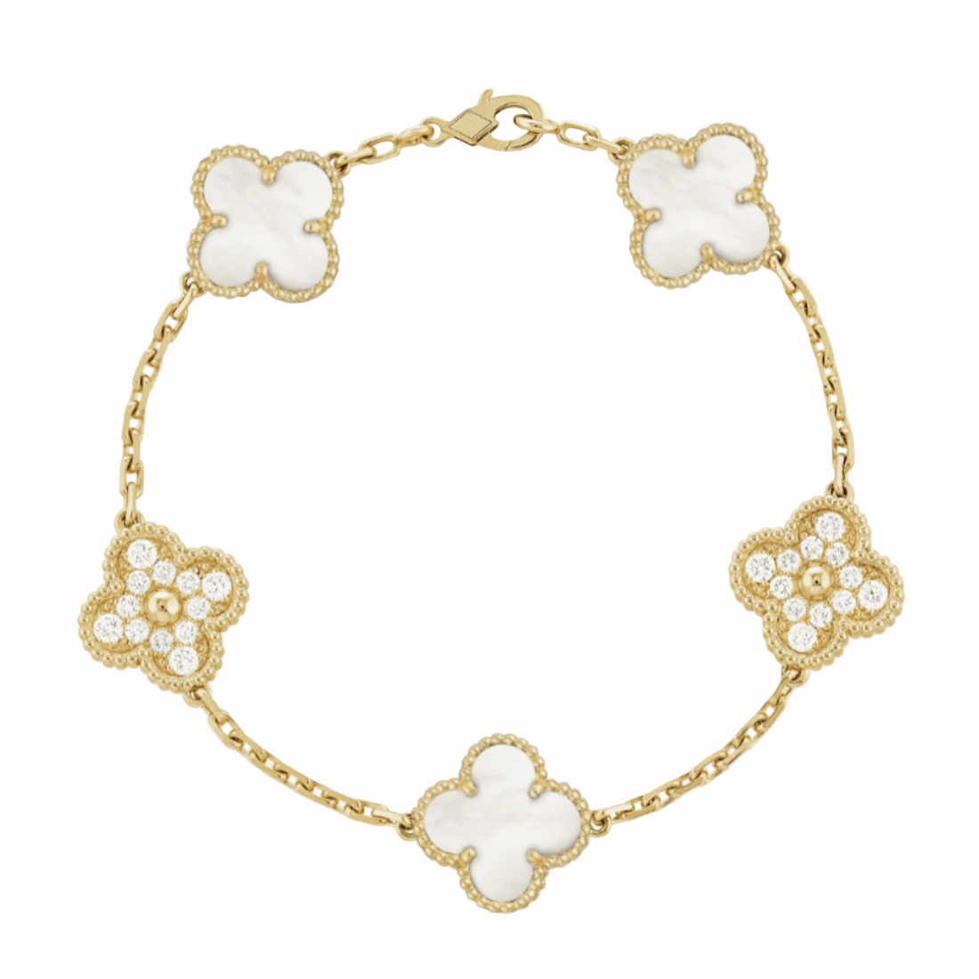 Gold bracelet with white clover-shaped charms on a white background