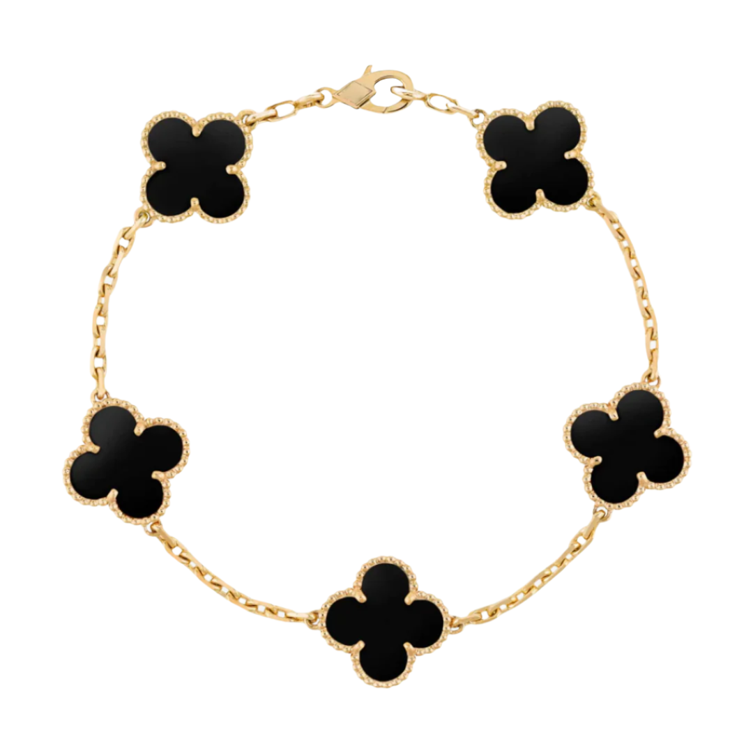 Black  LuxeCharm™ Clover Bracelet with floral design on a white background