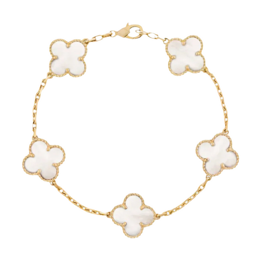 White LuxeCharm™ Clover Bracelet with floral design on a white background